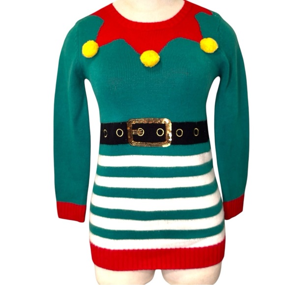 Christmas Sweater Holiday Elf Green and Red - Picture 1 of 11